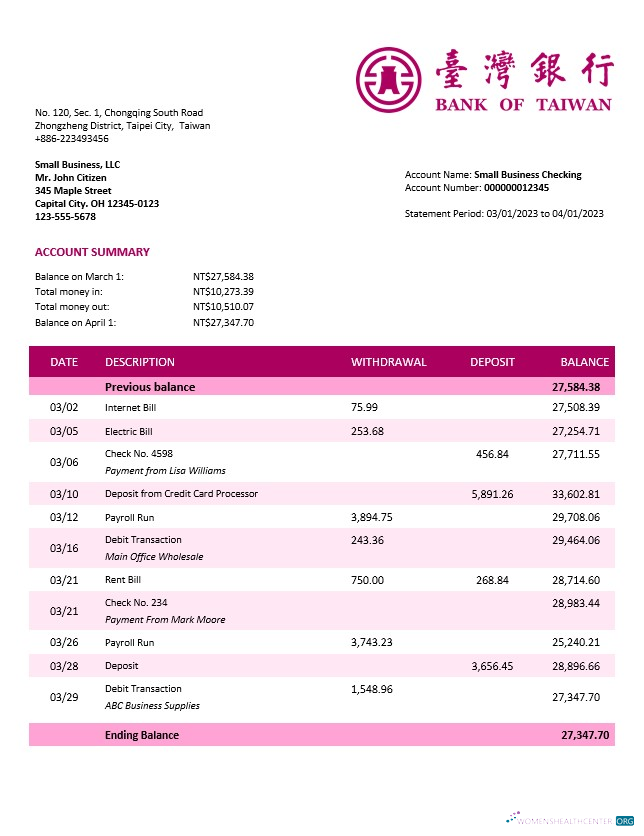 Download Bank of Taiwan company checking account statement Word and PDF template Photoshop template